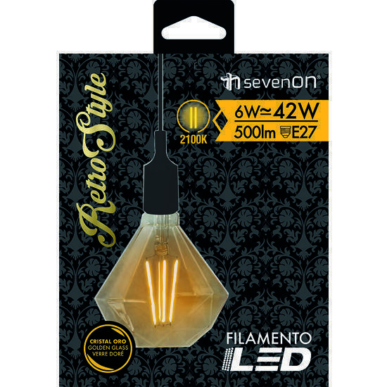 Bombilla led decorativa diamante 100 filamento regulable oro e27 6w 500lm 2100k 15000h