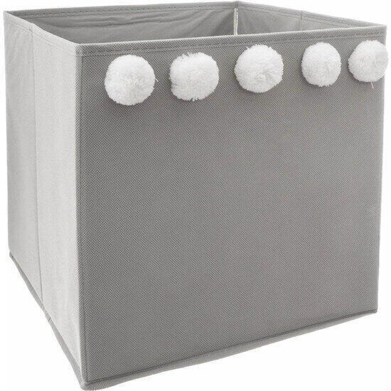 Caja de almacenamiento infantil con pompones color gris - 30 x 29 x 29cm