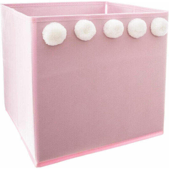 Caja  de almacenamiento infantil con pompones color rosa - 29 x 29 x 29cm