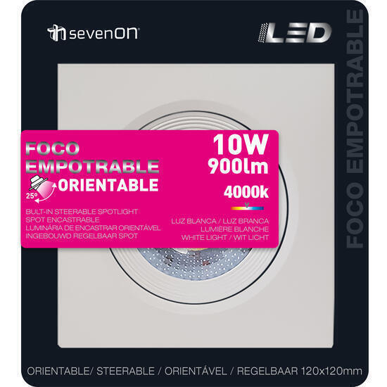 Foco led empotrable orientable 38 grados - cuadrado blanco 10w 900lm 4000k 25000h 120x120m