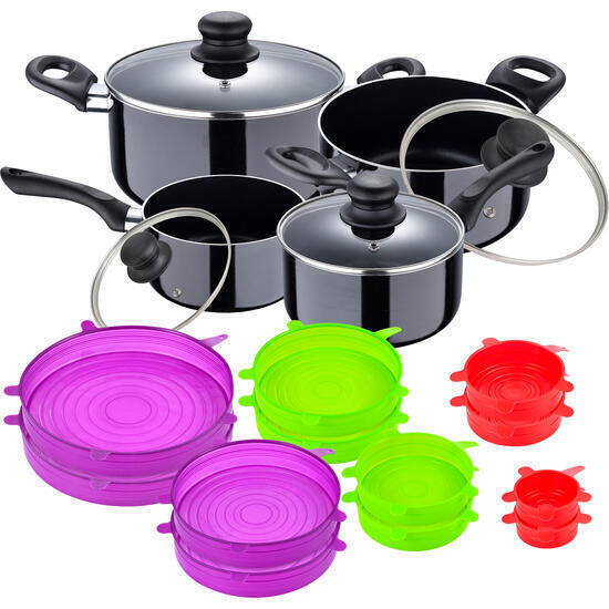 Juego de batería de cocina en aluminio prensado + set de 12pc de tapas de silicona