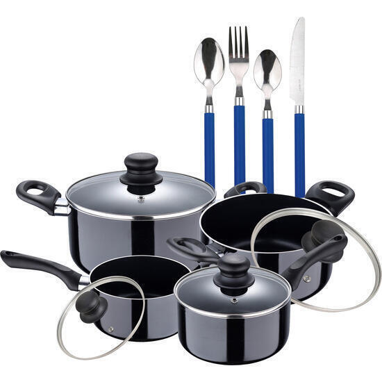 Juego de batería de cocina en aluminio prensado + set de 24pcs cubertería color azul