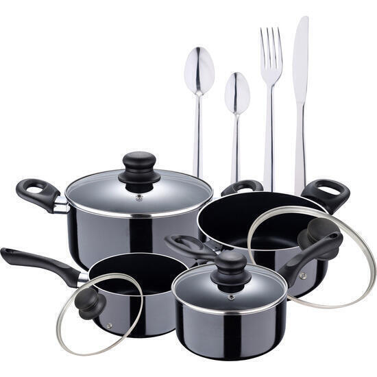 Juego de batería de cocina en aluminio prensado + set de 24pcs cubertería en acero inoxida