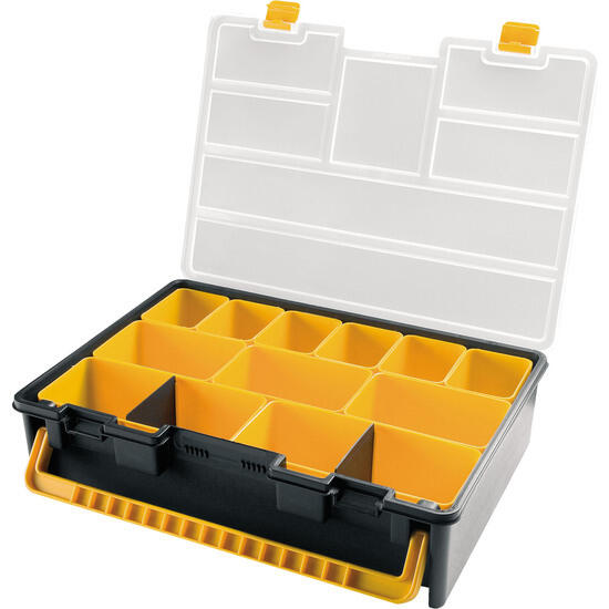 Organizador de plástico l443 x p317 x h107 mm con cajas surtidas, tapa transparente