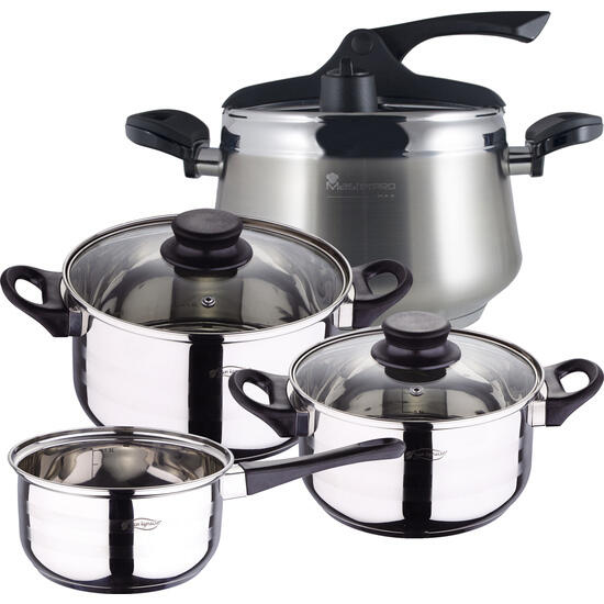 Pack batería de cocina 5 piezas + olla a presión de 6l en acero inoxidable