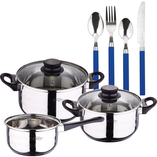 Pack batería de cocina 5 piezas + set cucberteria de 24pc en acero inoxidable con mangos a