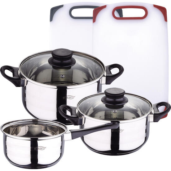 Pack batería de cocina 5 piezas + set de 2 tablas de corte