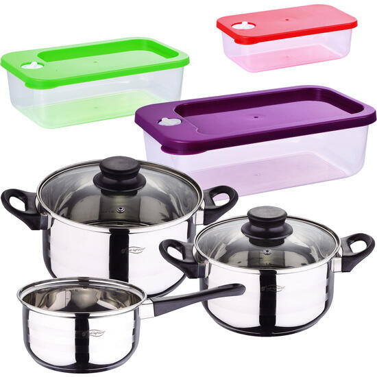 Pack batería de cocina 5 piezas + set de 3pc herméticos apilables de plástico