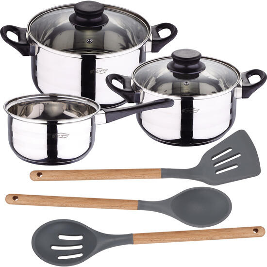 Pack batería de cocina 5 piezas + set de 3pc utensilios de cocina de silicona y madera