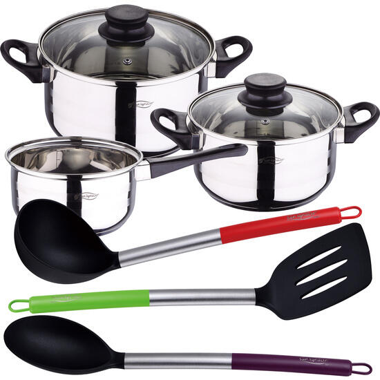 Pack batería de cocina 5 piezas + set de 3pc utensilios de cocina en nylon