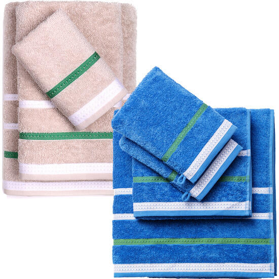 Pack de 2 set de 3 y 4 toallas de baño cada uno respectivamente en color beige y azul a r