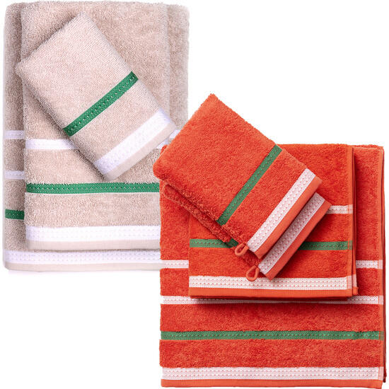 Pack de 2 set de 3 y 4 toallas de baño cada uno respectivamente en color beige y rojo a r