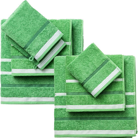 Pack de 2 set de 3 y 4 toallas de baño cada uno respectivamente en color verde a rayas