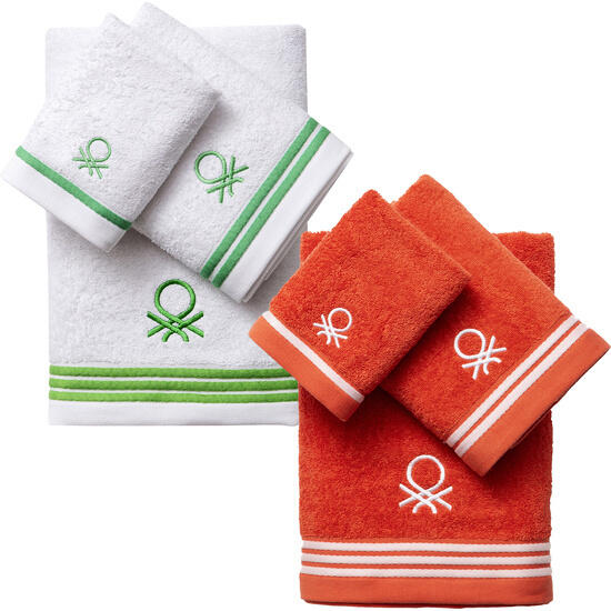 Pack de 2 set de 3pc toallas de baño cada uno en color rojo y blanco con rayas verdes