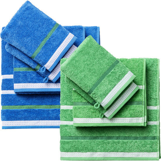 Pack de 2 set de 4pc toallas de baño cada uno en color azul y verde a rayas