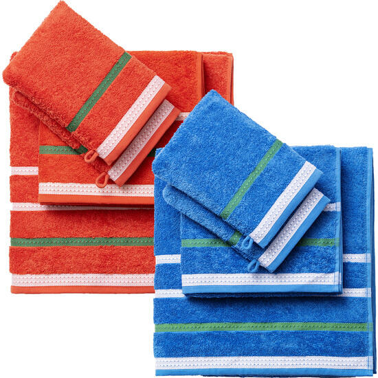 Pack de 2 set de 4pc toallas de baño cada uno en color rojo y azul a rayas