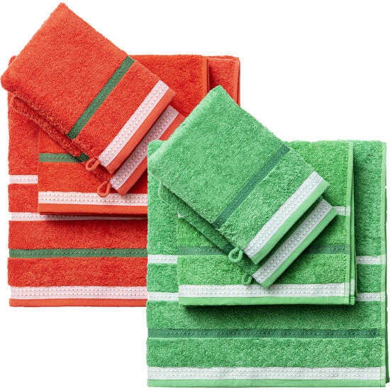 Pack de 2 set de 4pc toallas de baño cada uno en color rojo y verde a rayas