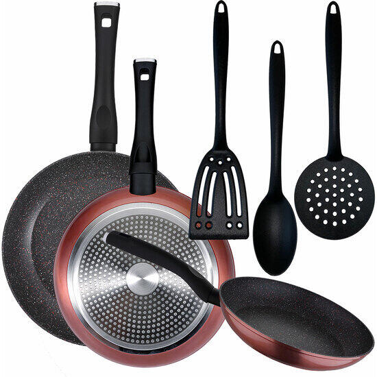 Pack de 3 sartenes ø20/24 y 28 cms + set 3pc de utensilios de cocina