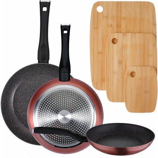 Pack de 3 sartenes ø20/24 y 28 cms + set de 3 tablas de bambú para tu cocina