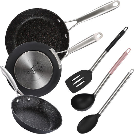 Pack de 3 sartenes + set de utensilios básicos de cocina