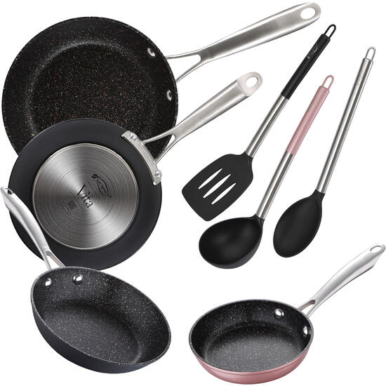 Pack de 4 sartenes en aluminio forjado + set de utensilios básicos de cocina