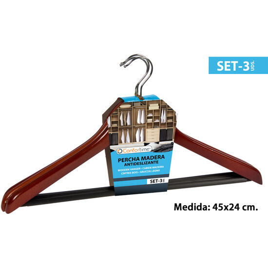 Set 3 perchas madera antideslizante 45x2 cm