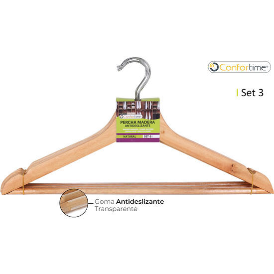 Set 3 perchas madera natural antideslizante confortime