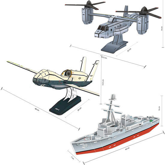 Set 3 puzzles 3d - modelos aircraft mv/destructor naval arleigh burke/dron