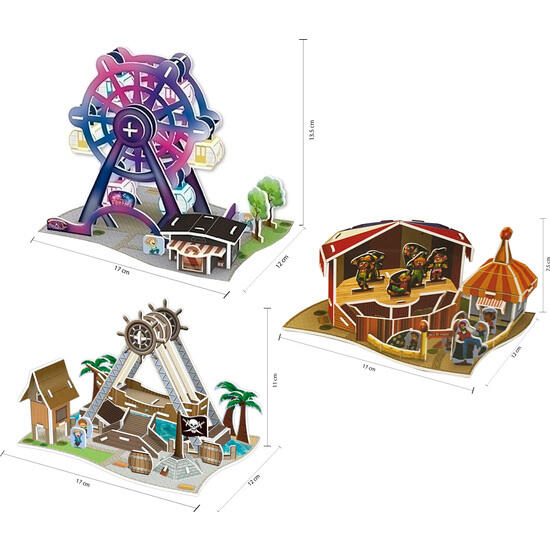 Set 3 puzzles 3d - modelos atracción noria/atracción barco pirata/atracción circo