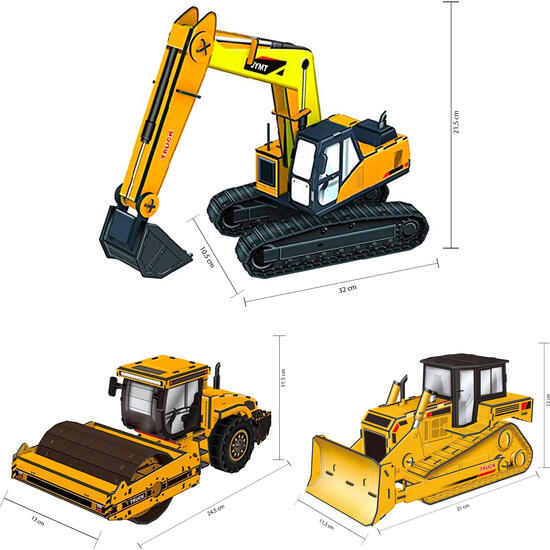 Set 3 puzzles 3d - modelos excavadora/bulldozer/apisonadora