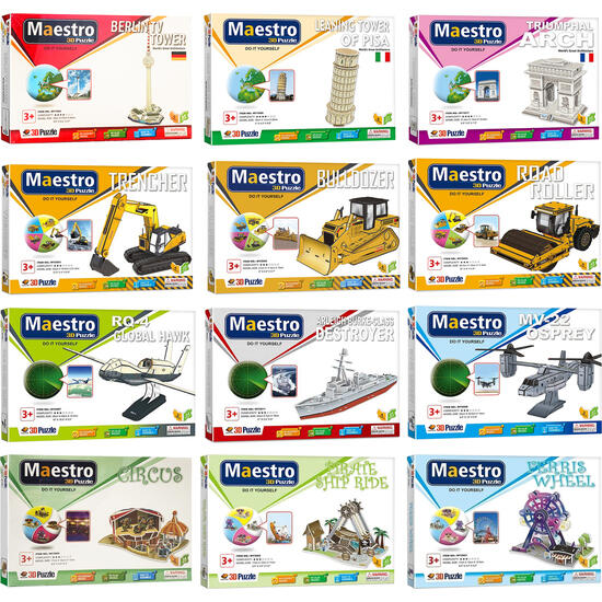 Set 5 puzzles 3d - surtidos: modelos de maquinaria pesada, aviones, navales, atracciones