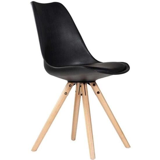 Silla de polipropileno en negro con cojin de polipiel y patas de madera