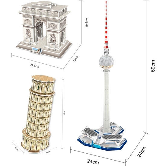 Set 3 puzzles 3d - modelos arco de triunfo/torre de pisa/tor